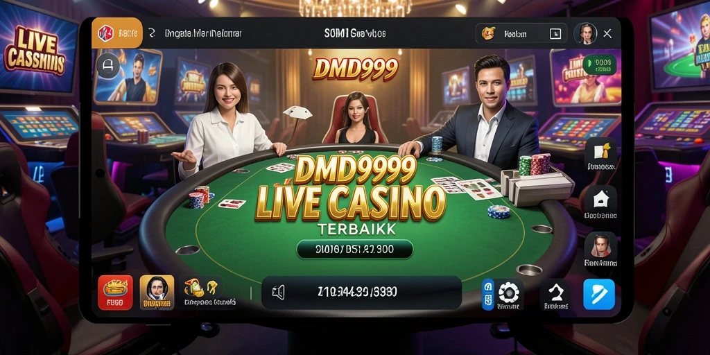 Screenshot gameplay DMD999 menunjukkan dealer langsung dan meja permainan yang menarik.